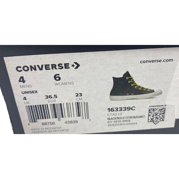 Converse CTAS Hi Shoes Size Men's 4 Women's 6 Leather Black Bold Citron - Picture 13 of 14